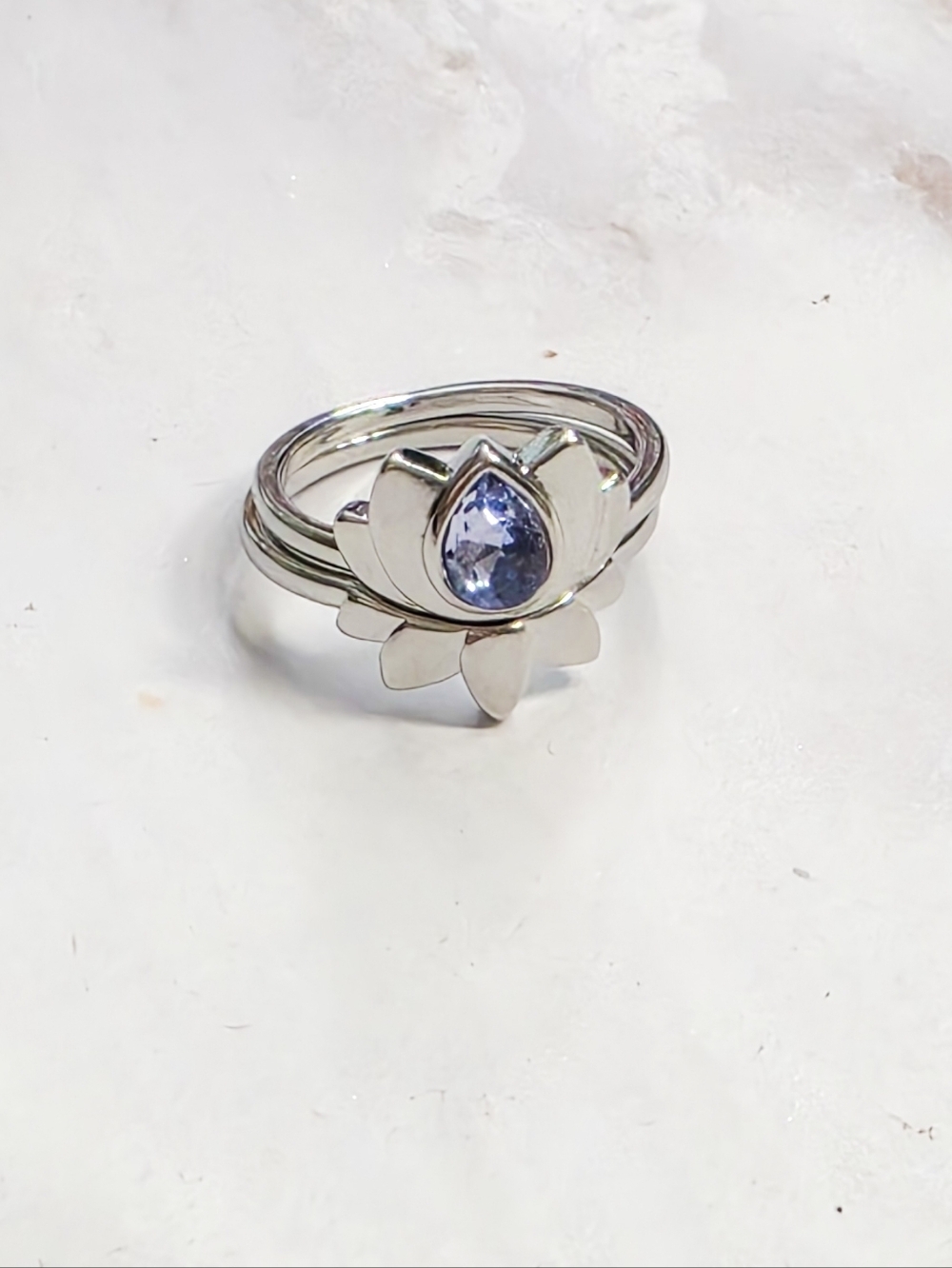 Boho Silvery Lotus Flower Ring Set | Blue Water Drop Crystal Size 8